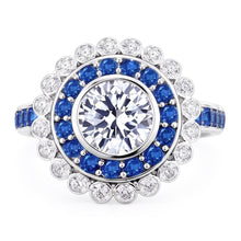 Anniversary Ring Round Natural Earth Mined Diamond & Blue Sapphire Baguettes 4 Carats