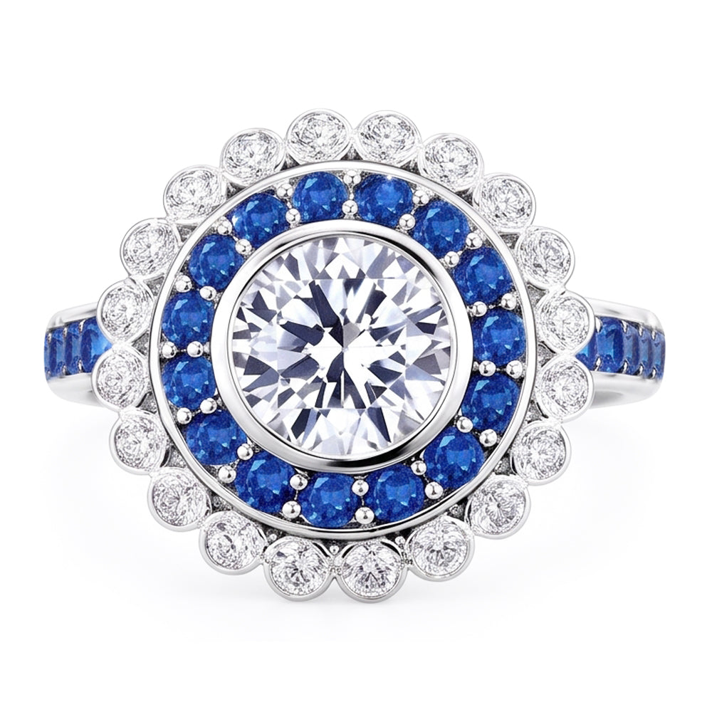 Anniversary Ring Round Natural Earth Mined Diamond & Blue Sapphire Baguettes 4 Carats