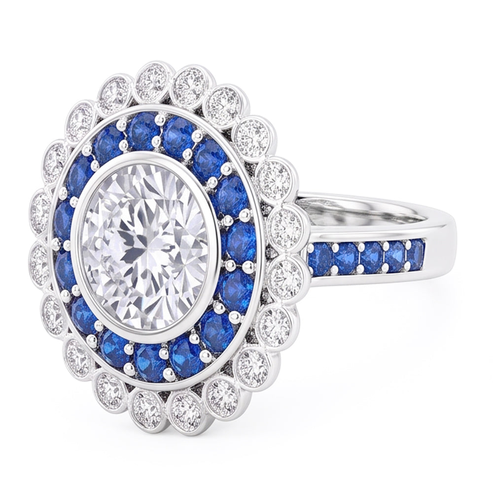 Anniversary Ring Round Natural Earth Mined Diamond & Blue Sapphire Baguettes 4 Carats