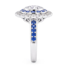 Anniversary Ring Round Natural Earth Mined Diamond & Blue Sapphire Baguettes 4 Carats