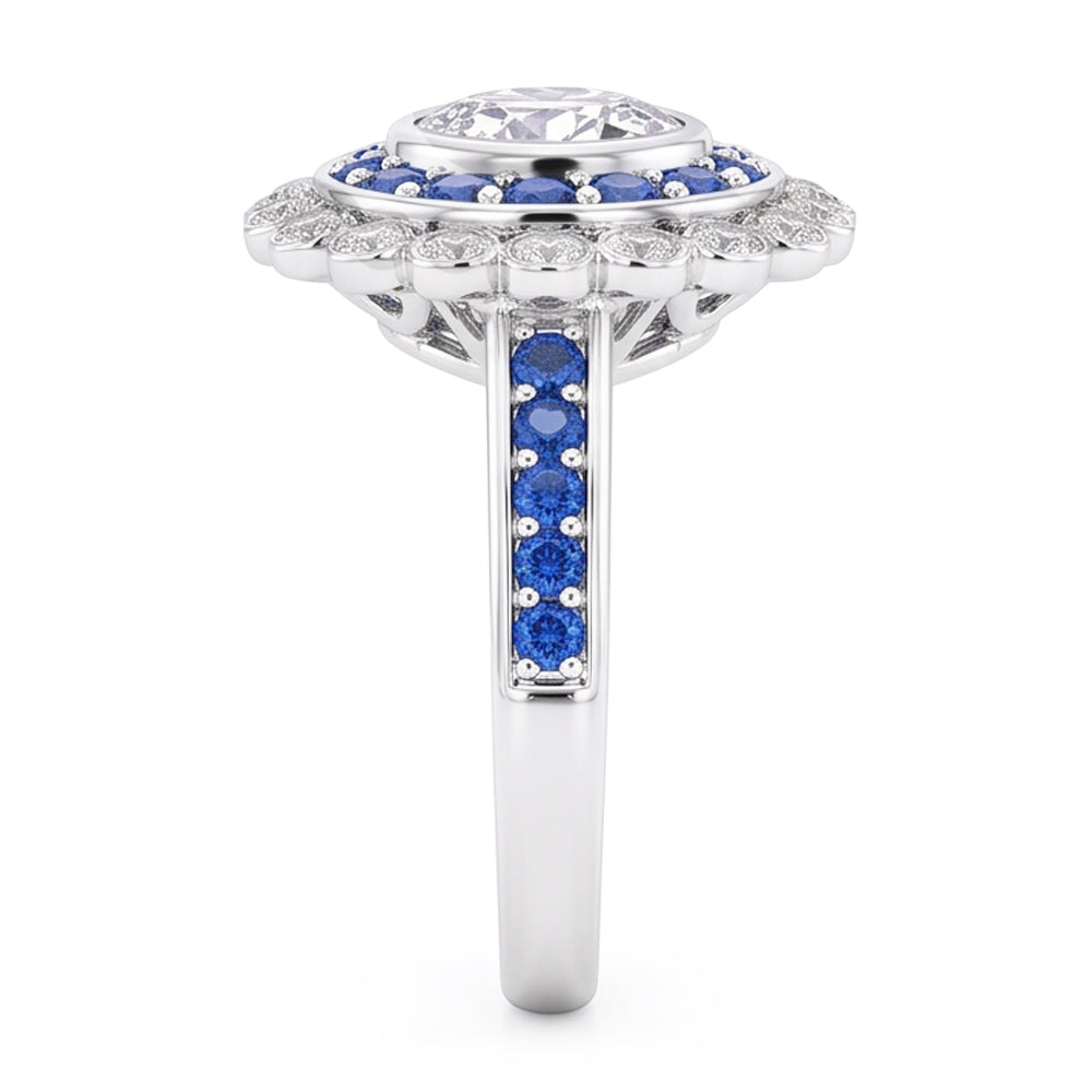 Anniversary Ring Round Natural Earth Mined Diamond & Blue Sapphire Baguettes 4 Carats
