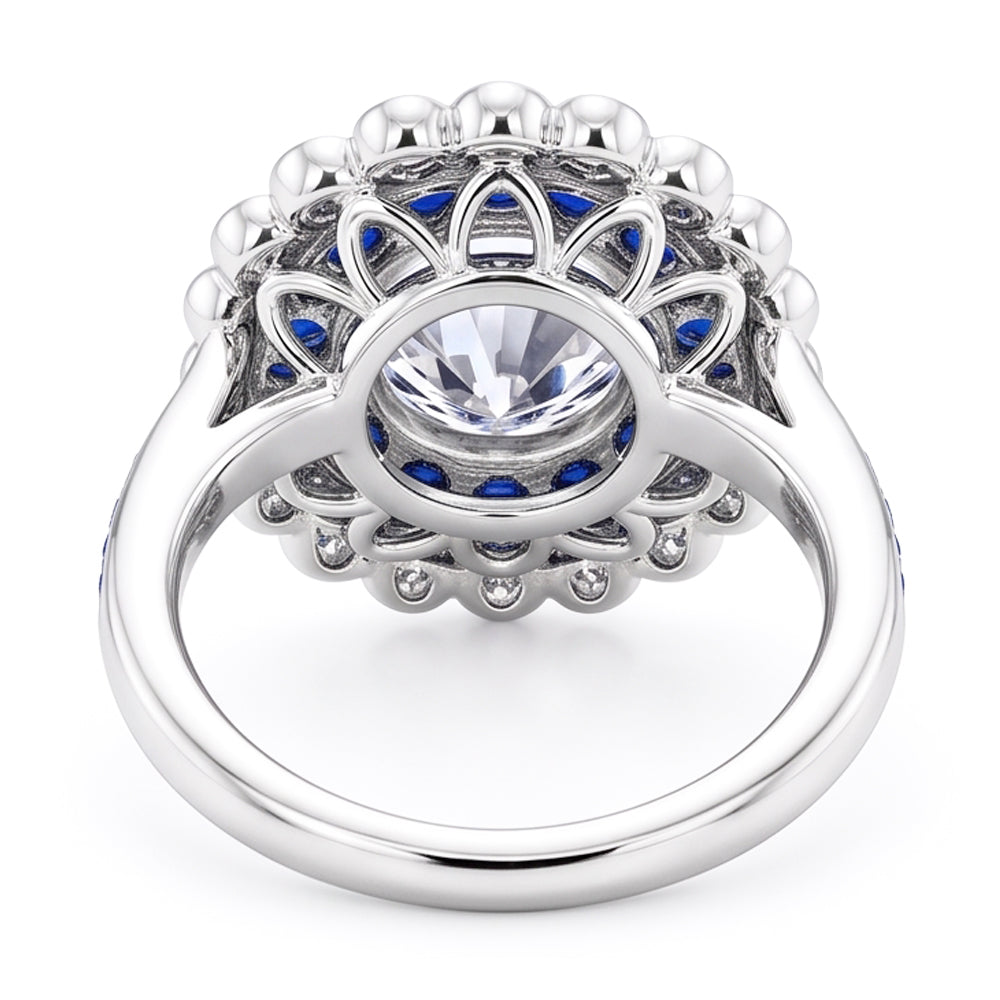 Anniversary Ring Round Natural Earth Mined Diamond & Blue Sapphire Baguettes 4 Carats