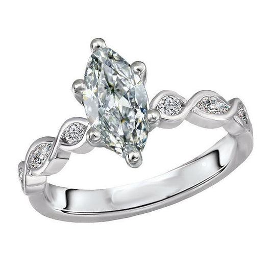 Fine Diamond Marquise Cut Solitaire Ring with Accents in 14K White Gold – main view