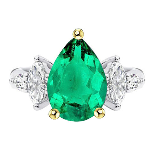 Pear Shape Colombian Emerald ring in 14 Karat Two Tone Gold – main view
