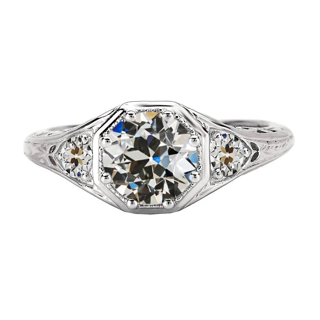 Antique Style 3 Stone Round Old Cut Real Diamond Ring 4.50 Carats