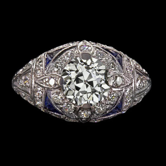 Antique Style Art Deco Jewelry New Old Cut Natural Diamond Blue Sapphire Ring