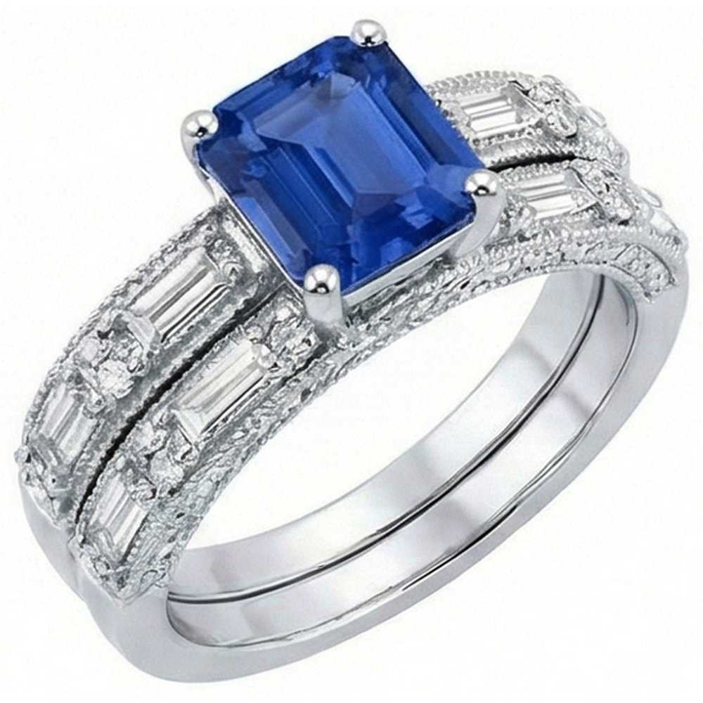 Antique Style Engagement Natural Earth Mined Diamond Emerald Sapphire Ring Set 4.50 Carats