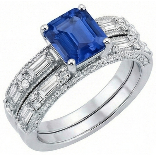 Antique Style Engagement Natural Earth Mined Diamond Emerald Sapphire Ring Set 4.50 Carats