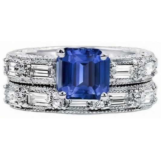 Antique Style Engagement Natural Earth Mined Diamond Emerald Sapphire Ring Set 4.50 Carats