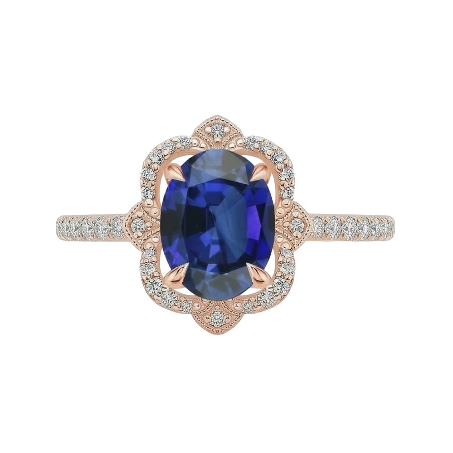 Antique Style Halo Natural Earth Mined Diamond Ring Flower Style Blue Sapphire 6.20 Carats
