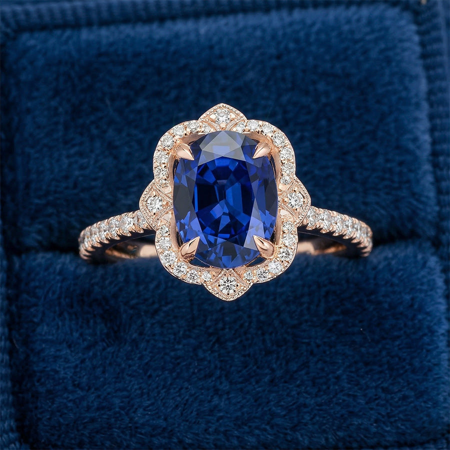 Antique Style Halo Natural Earth Mined Diamond Ring Flower Style Blue Sapphire 6.20 Carats