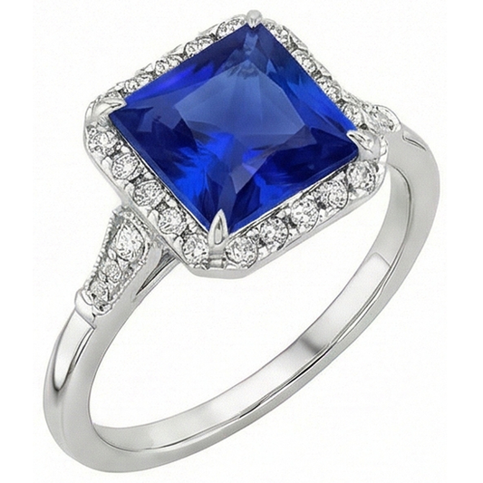 Antique Style Halo Natural Earth Mined Diamond & Ceylon Sapphire Ring White Gold 6 Carats