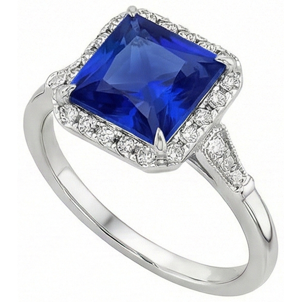 Antique Style Halo Natural Earth Mined Diamond & Ceylon Sapphire Ring White Gold 6 Carats