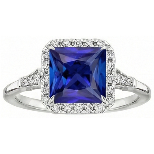 Antique Style Halo Natural Earth Mined Diamond & Ceylon Sapphire Ring White Gold 6 Carats