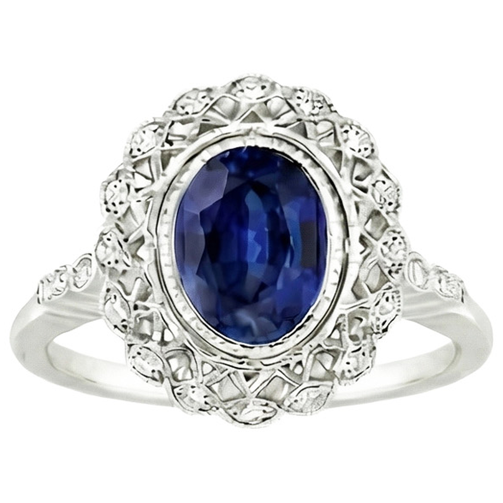 Antique Style Halo Ring Bezel Set Blue Sapphire With Natural Earth Mined DIAMOND ( NOT LAB GROWN )s 4 Carats