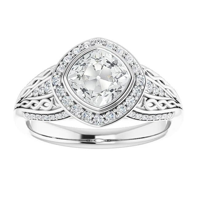 Antique Style Halo Ring Cushion Old Cut Genuine Diamond Bezel Set 7.75 Carats