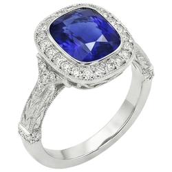 Antique Style Natural Earth Mined Diamond Ring Bezel Set Cushion Ceylon Sapphire 8 Carats