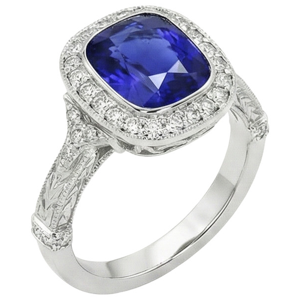 Antique Style Natural Earth Mined Diamond Ring Bezel Set Cushion Ceylon Sapphire 8 Carats