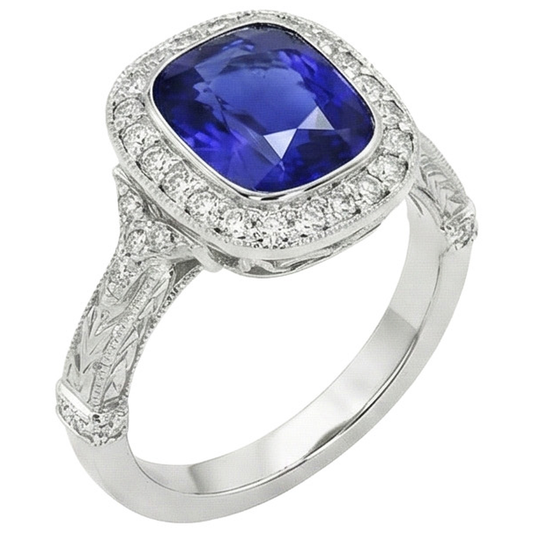 Antique Style Natural Earth Mined Diamond Ring Bezel Set Cushion Ceylon Sapphire 8 Carats