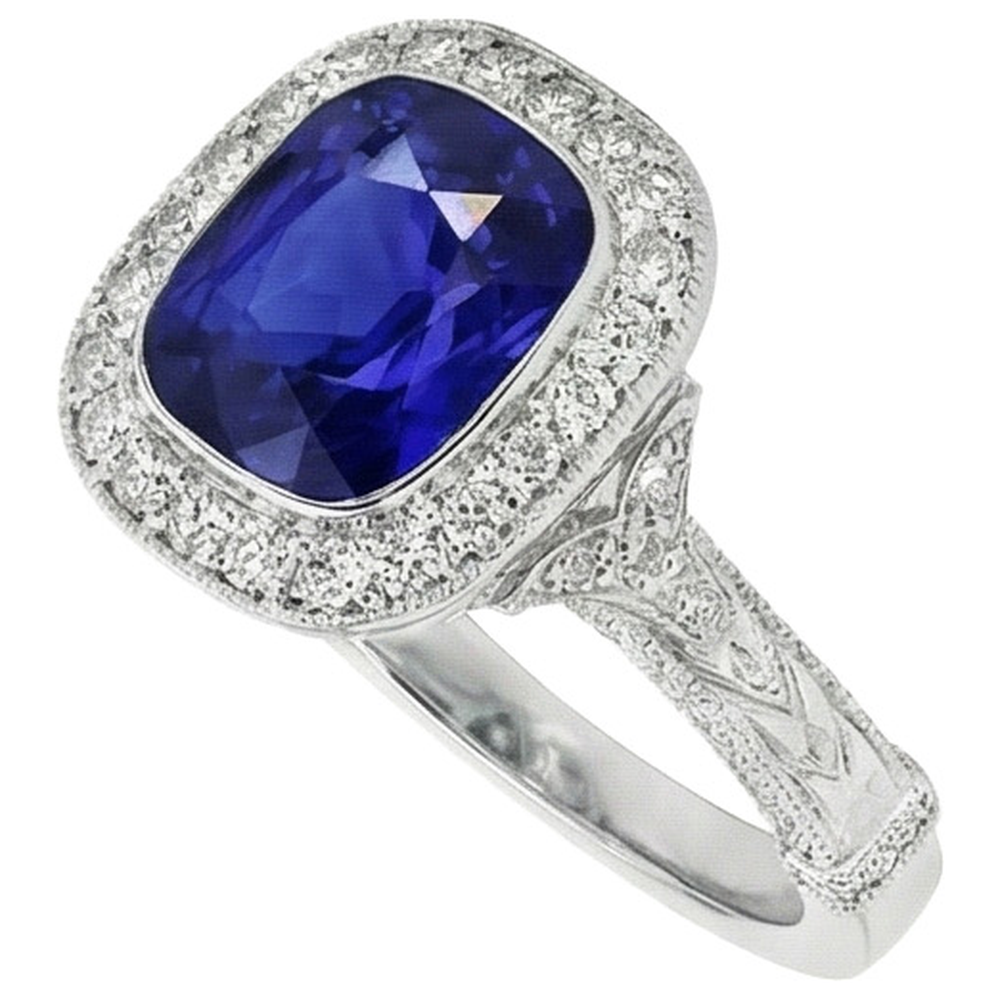 Antique Style Natural Earth Mined Diamond Ring Bezel Set Cushion Ceylon Sapphire 8 Carats