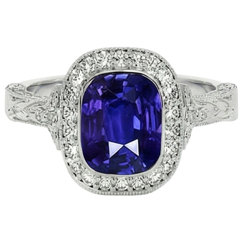 Antique Style Natural Earth Mined Diamond Ring Bezel Set Cushion Ceylon Sapphire 8 Carats