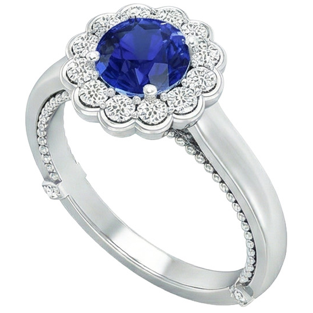 Antique Style Natural Earth Mined Diamond Ring Halo Flower Style Blue Sapphire 2.50 Carats