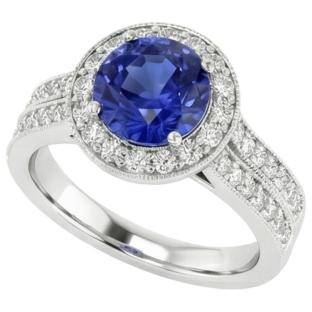 Antique Style Natural Earth Mined Diamond Ring Set 6 Carats Round Blue Sapphire White Gold