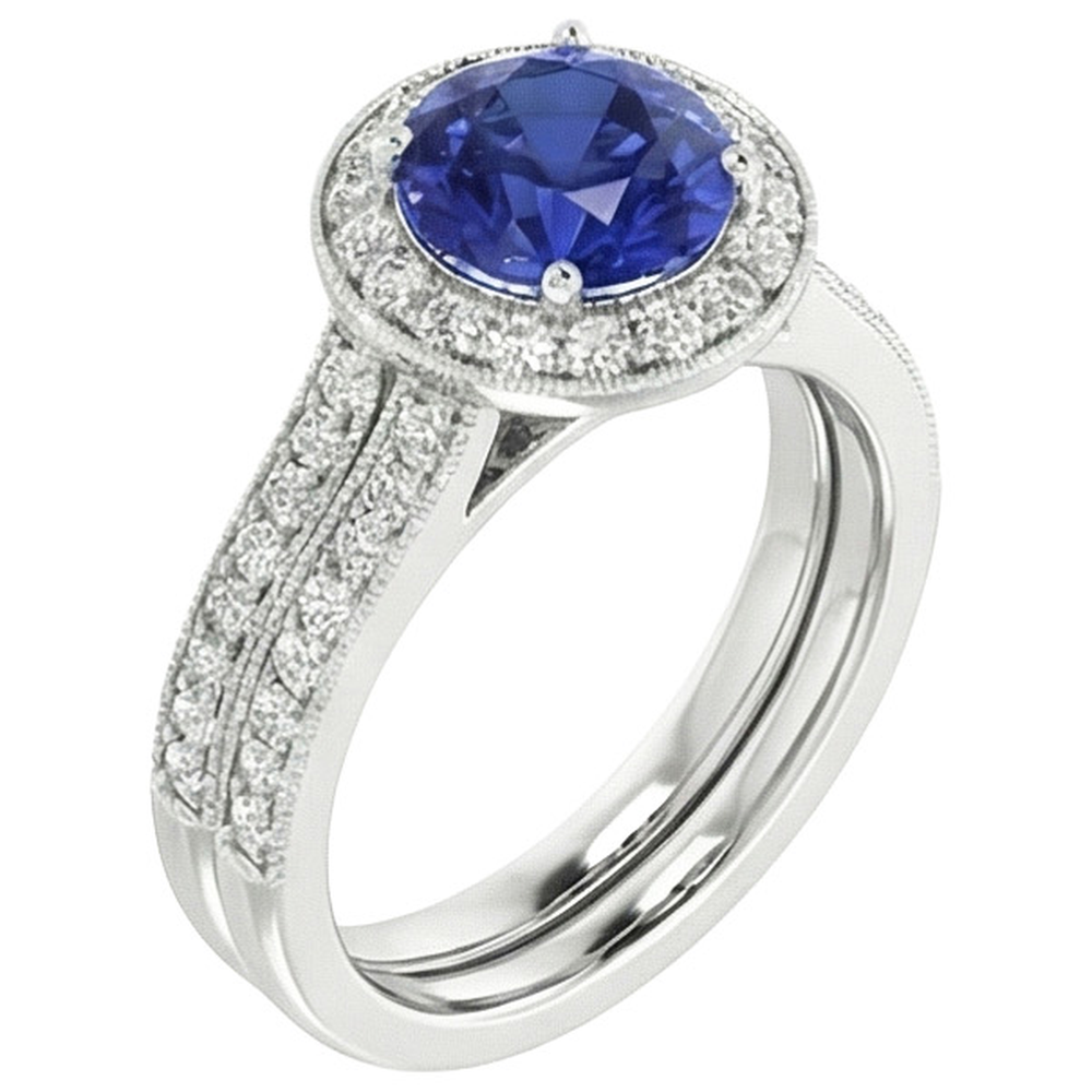 Antique Style Natural Earth Mined Diamond Ring Set 6 Carats Round Blue Sapphire White Gold