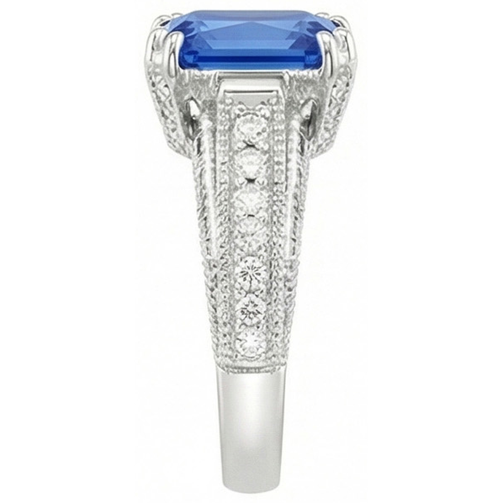 Antique Style Natural Earth Mined Diamond Sapphire Engagement Ring 4 Carats Double Prong