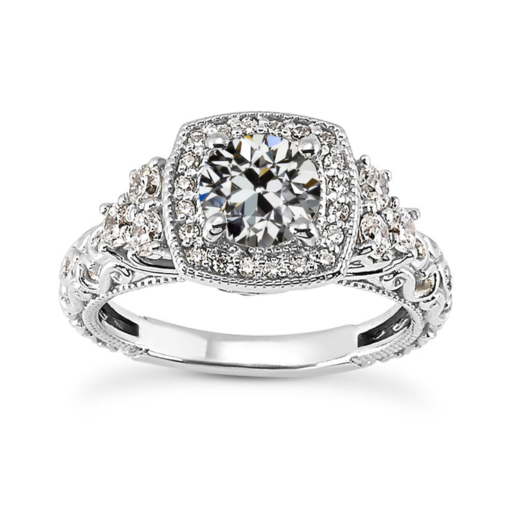 Antique Style Natural Halo Round Old Cut Diamond Ring 4 Carats White Gold