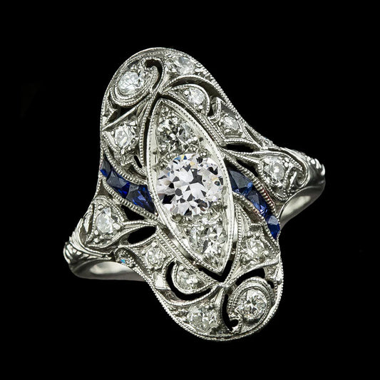 Antique Style Old Cut Round Real Diamond Baguette Sapphire Ring 3 Carats