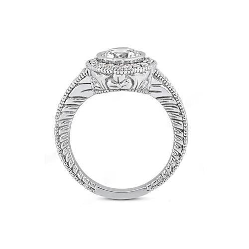 Antique Style Real Diamond Halo Ring White Gold 14K