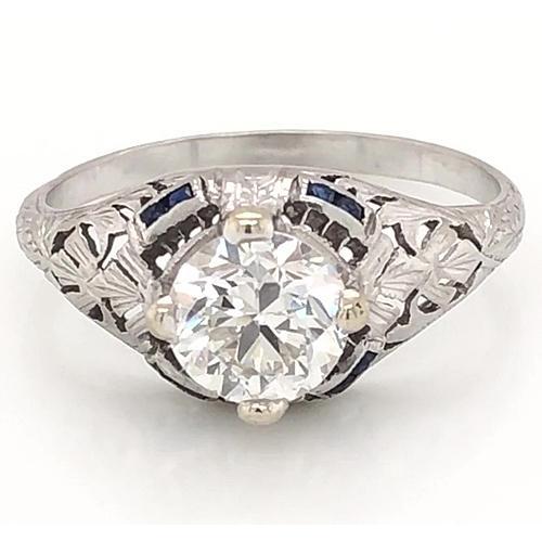 Antique Style Real Diamond Ring 1.50 Carats Blue Sapphire White Gold 14K