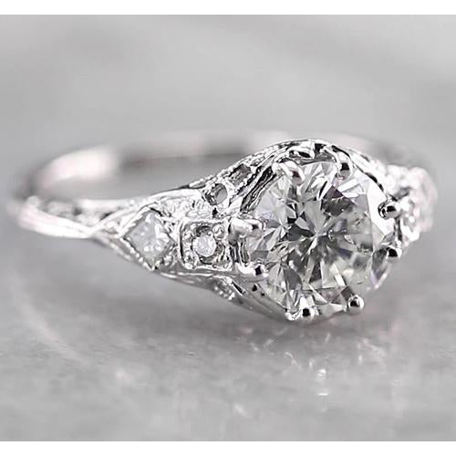 Antique Style Real Round Diamond Ring 2 Carats White Gold 14K