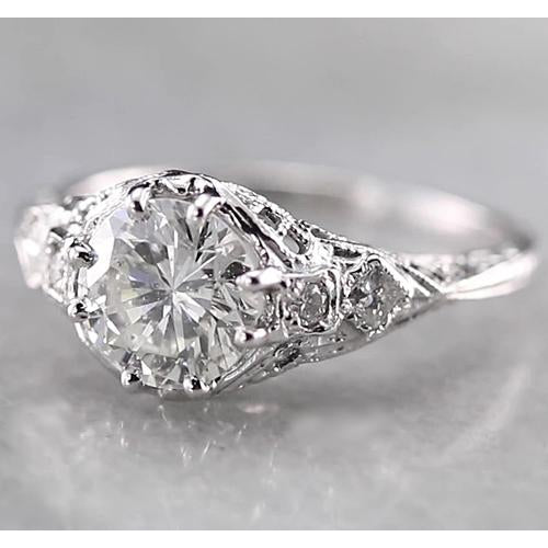 Antique Style Real Round Diamond Ring 2 Carats White Gold 14K