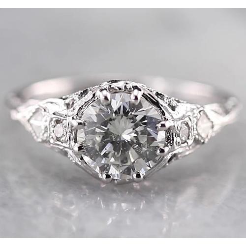 Antique Style Real Round Diamond Ring 2 Carats White Gold 14K