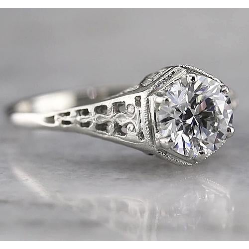 Antique Style Round Solitaire Real Diamond Ring 1.50 Carats White Gold 14K