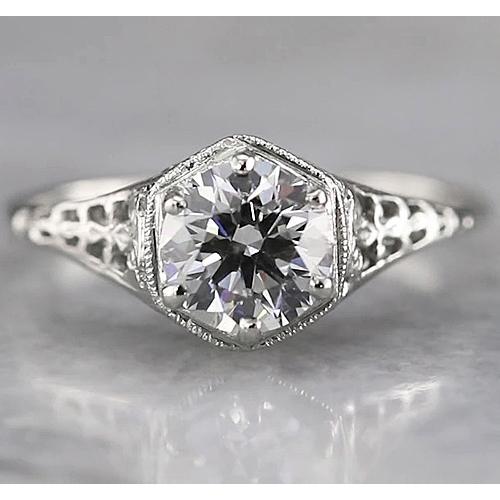Antique Style Round Solitaire Real Diamond Ring 1.50 Carats White Gold 14K