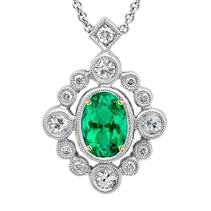 Fine Emerald Oval Cut Stone Pendant Necklace in 14 Karat Two Tone Gold – main view