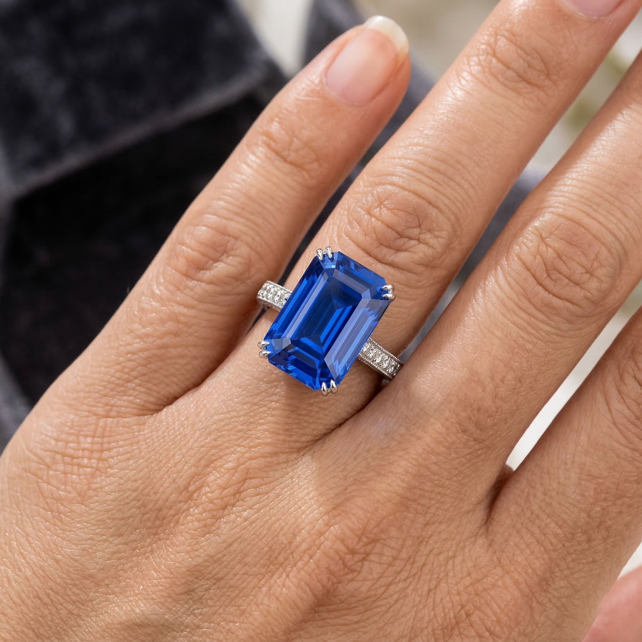 Antique Style Natural Earth Mined Diamond Emerald Blue Sapphire Ring Accented 8 Carats