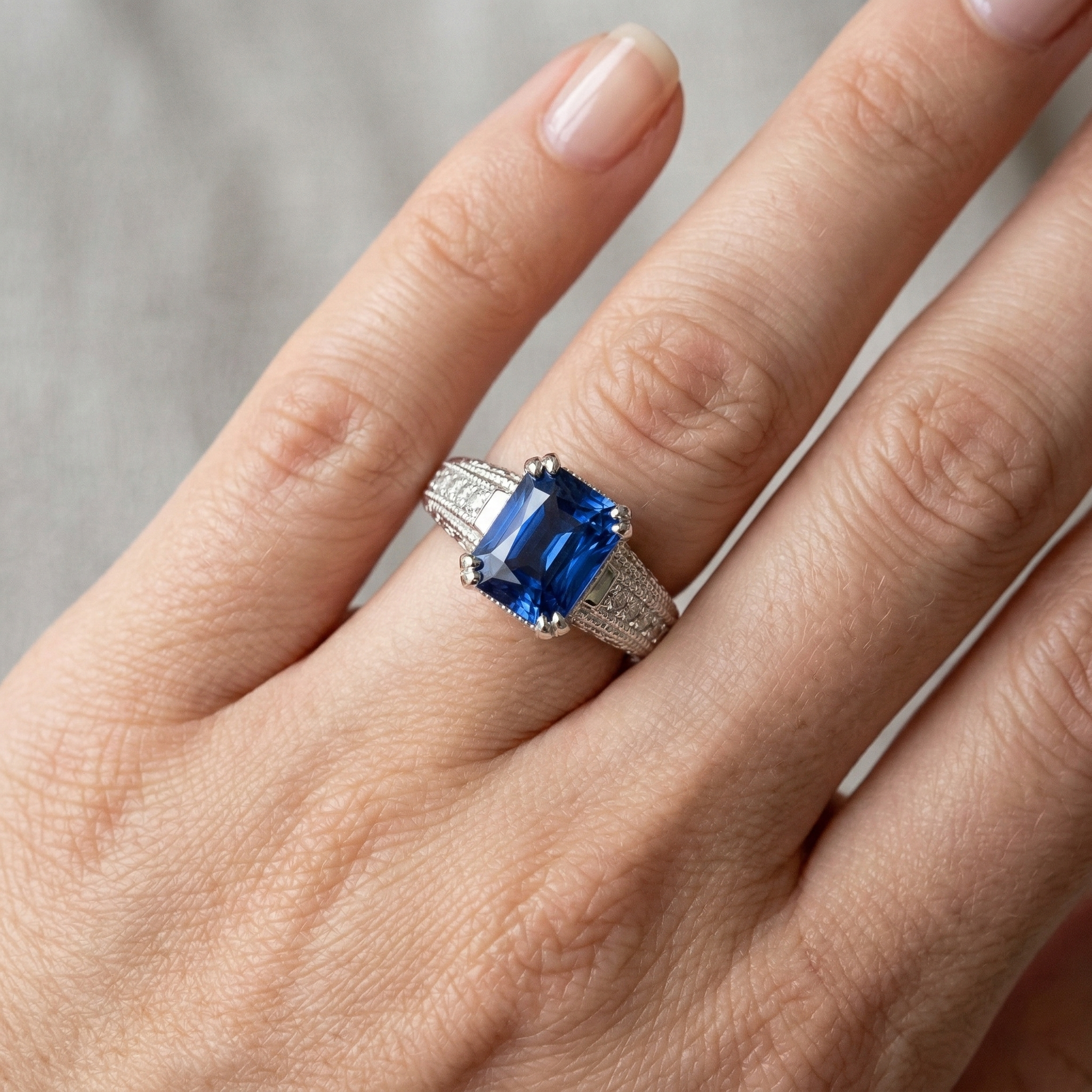 Antique Style Natural Earth Mined Diamond Sapphire Engagement Ring 4 Carats Double Prong