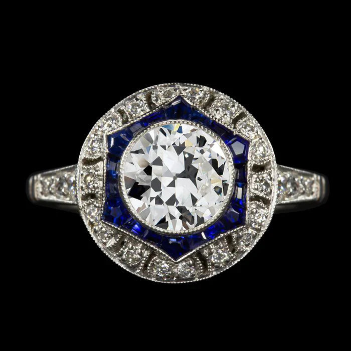 Art Deco Jewelry New Double Halo Ring Old Cut Natural Diamond & Ceylon Sapphires