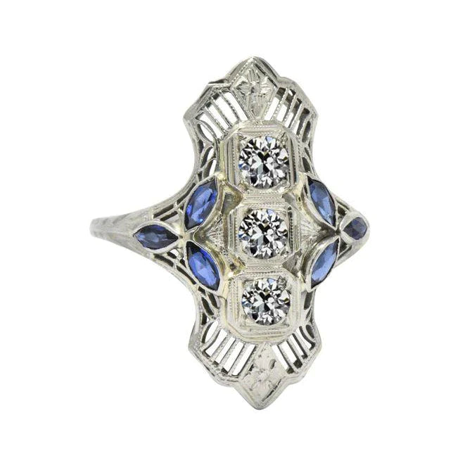 Art Deco Jewelry New Gemstone Ring Old Cut Real Diamond & Marquise Sapphire