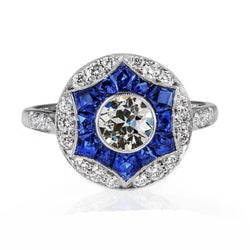 Art Deco Jewelry New Halo Old European Real Diamond Sapphire Ring