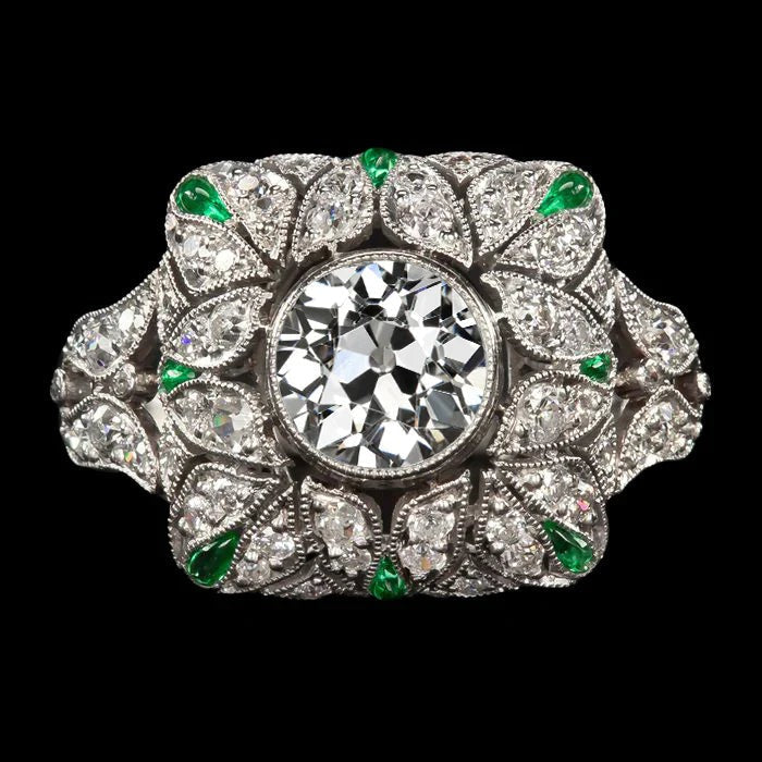 Art Deco Jewelry New Old Cut Genuine Diamond Ring Emerald Antique Style