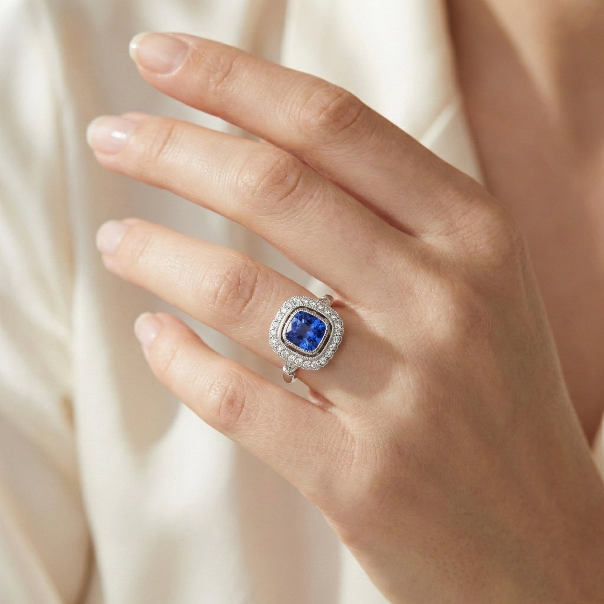 Art Nouveau Jewellery New Ceylon Sapphire And Natural Earth Mined DIAMOND ( NOT LAB GROWN ) Ladies Ring