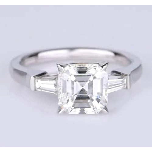 Asscher Cut And Baguettes Real Diamond Ring Three Stone 2.50 Carats New
