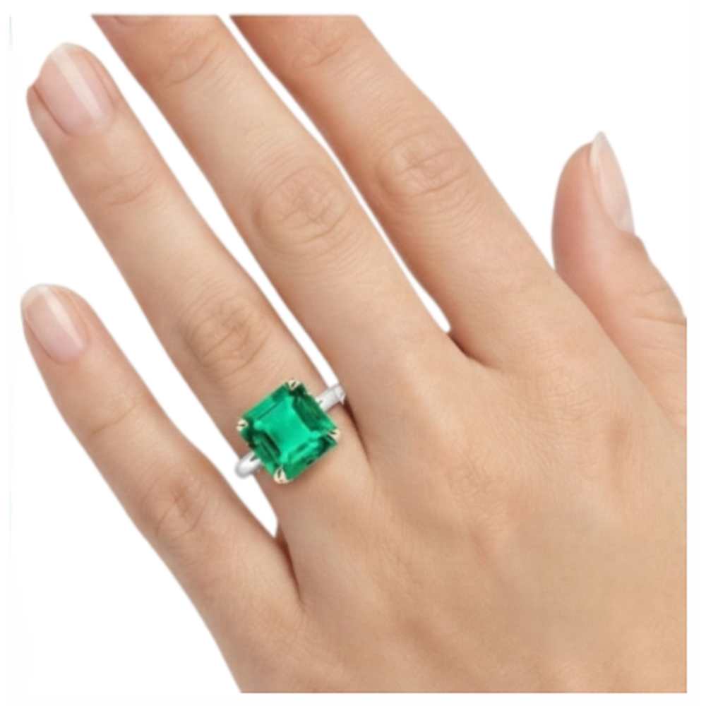Emerald Asscher Cut Precious Stone Ring in 14K Two Tone Gold – top view