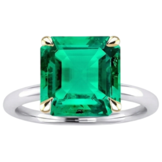 Emerald Asscher Cut Precious Stone Ring in 14K Two Tone Gold – front view