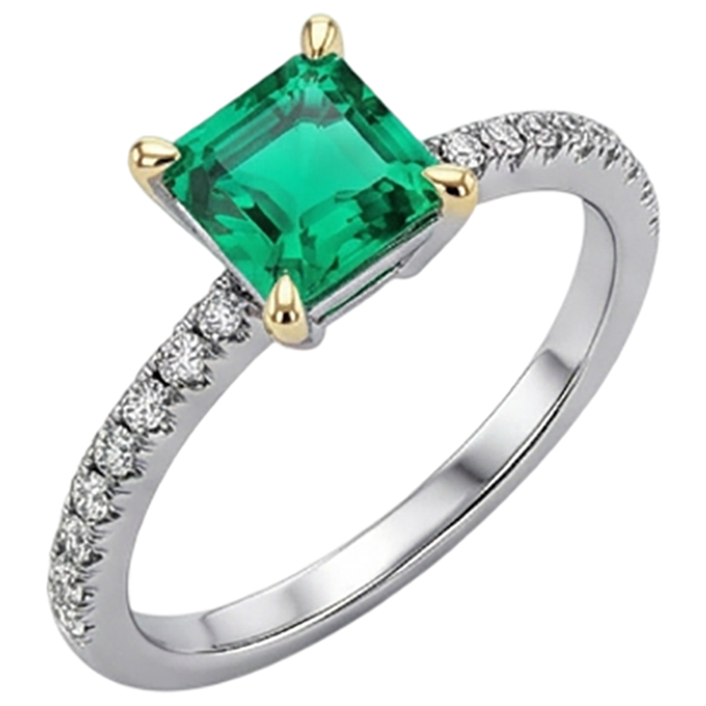 Authentic Fine Emerald Colored Stone Ring 3 ct Two-Tone 14K Gold – side view